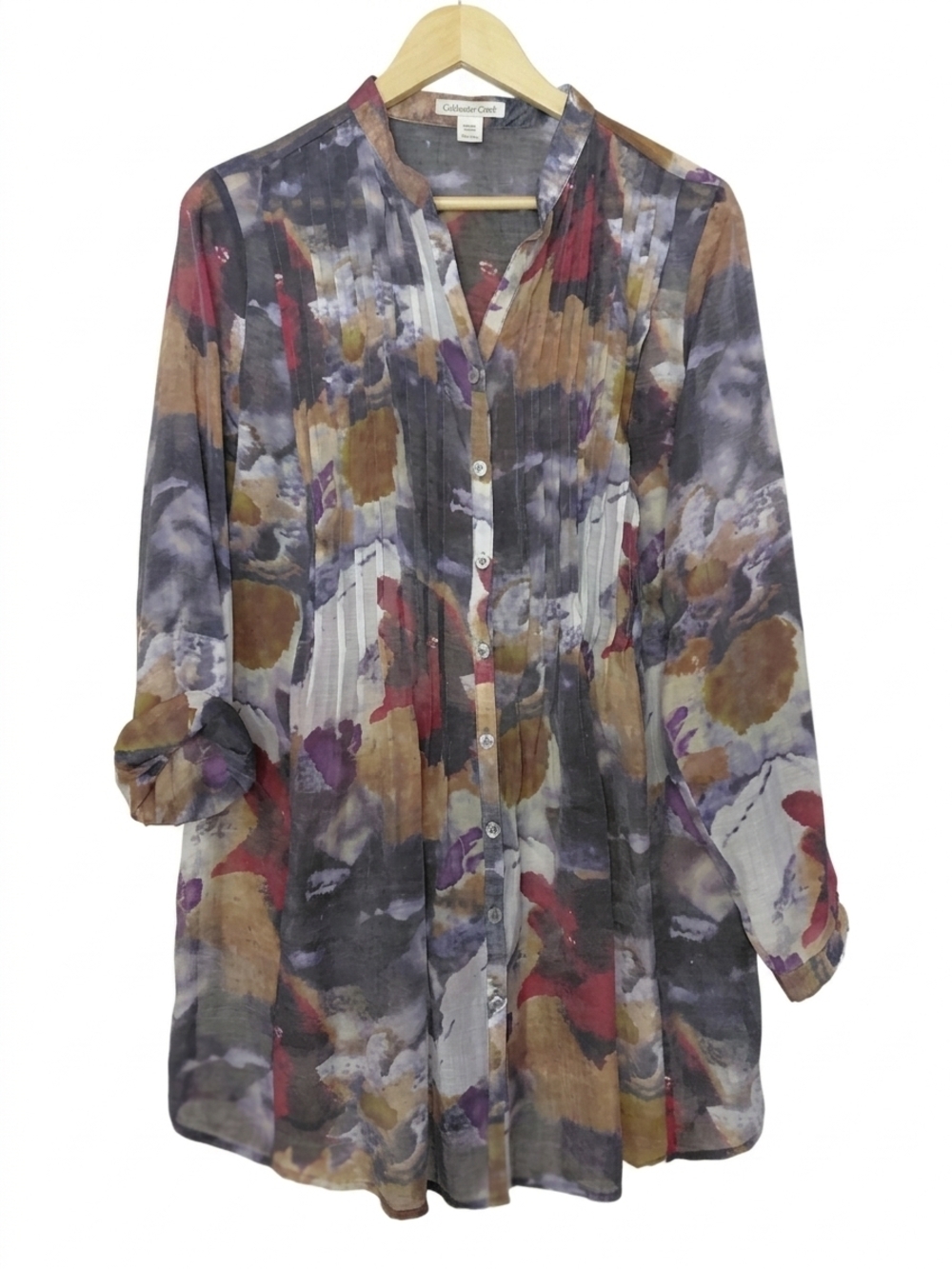 🦋3/$25 Coldwater Creek Large Multicolor Pintuck Long Sleeve Button Up Tunic